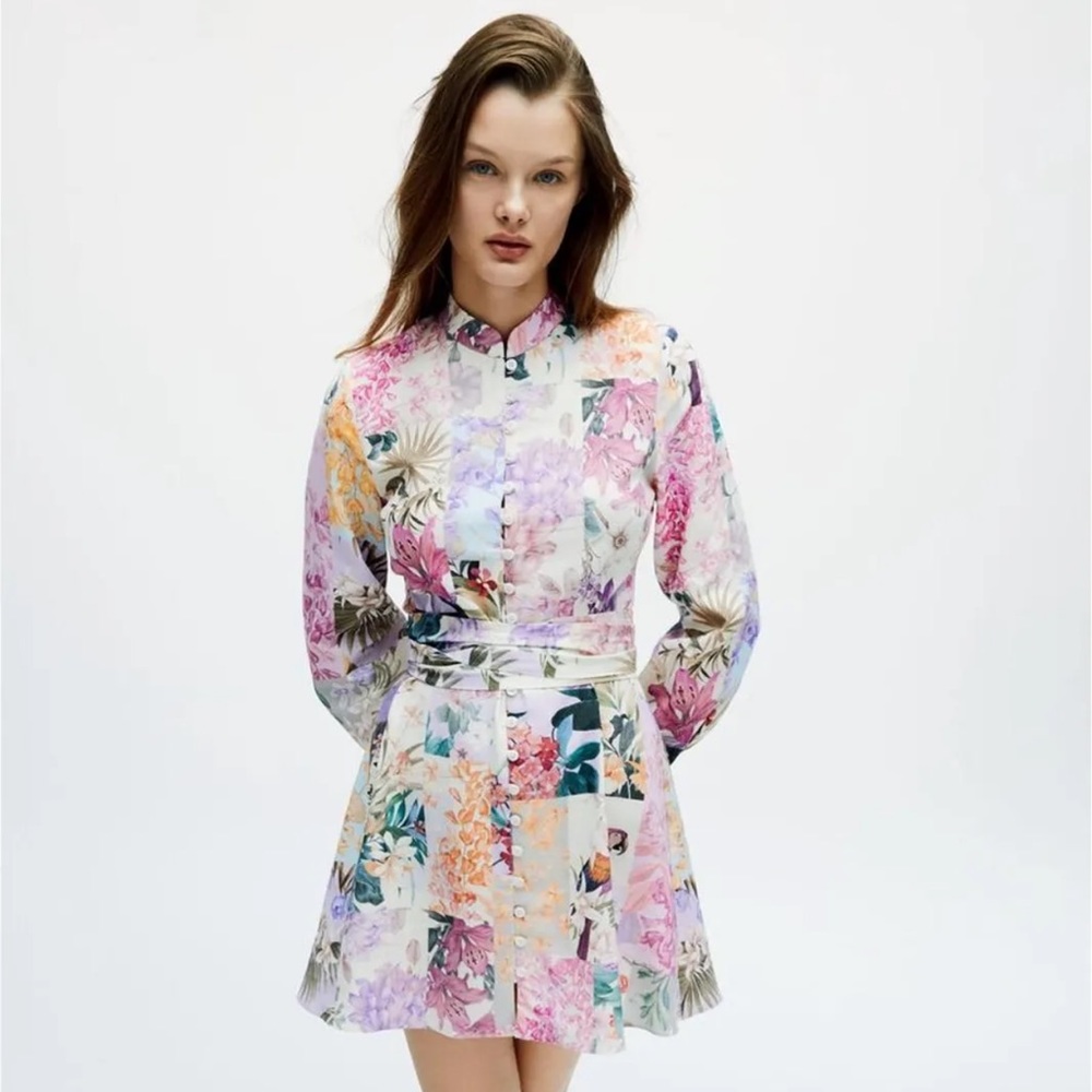ZARA Floral Patchwork Linen Blend Long Sleeve Mini Dress XS
